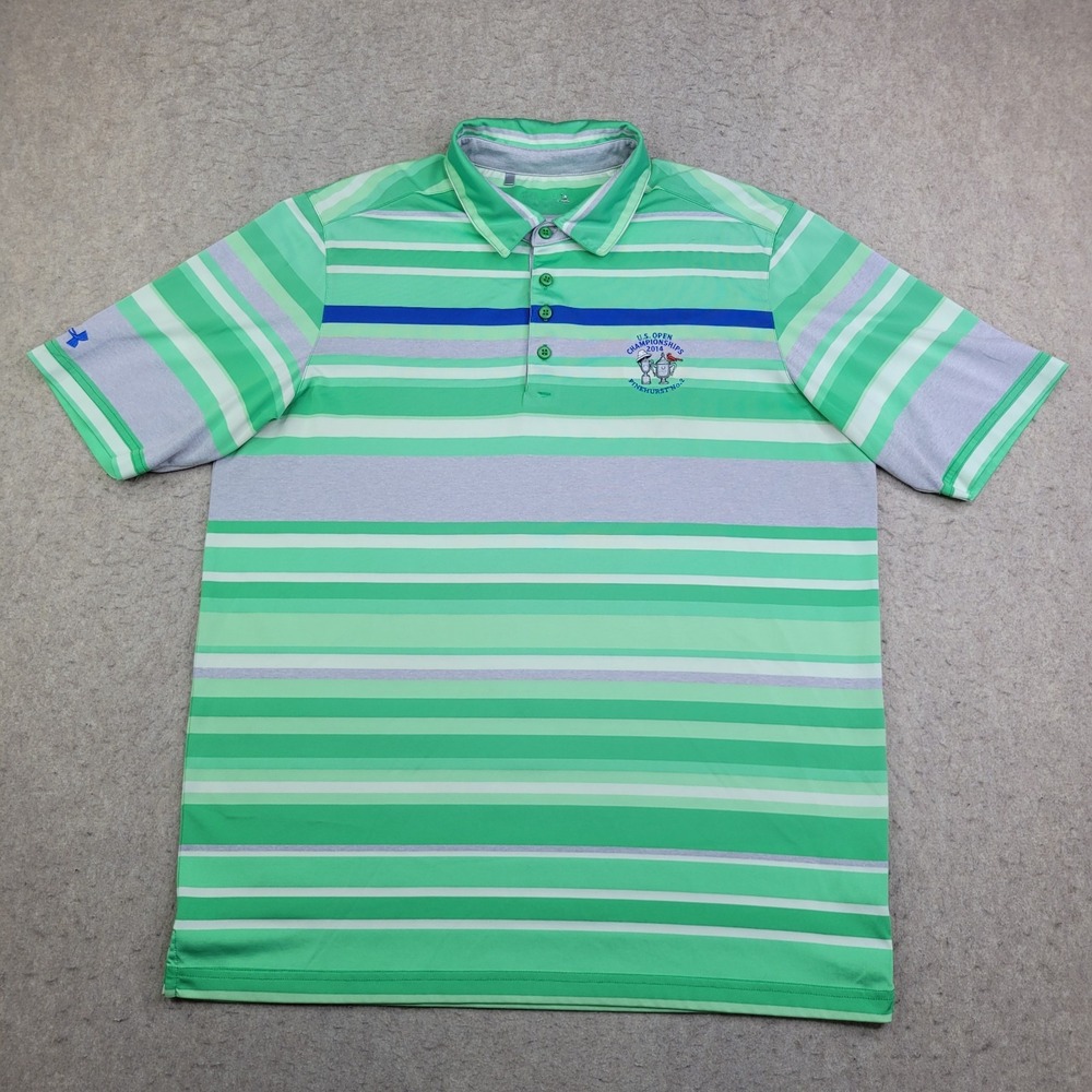 Pinehurst Golf Under Armour Polo Shirt Mens‎ L Green Striped Short Sleeve Logo